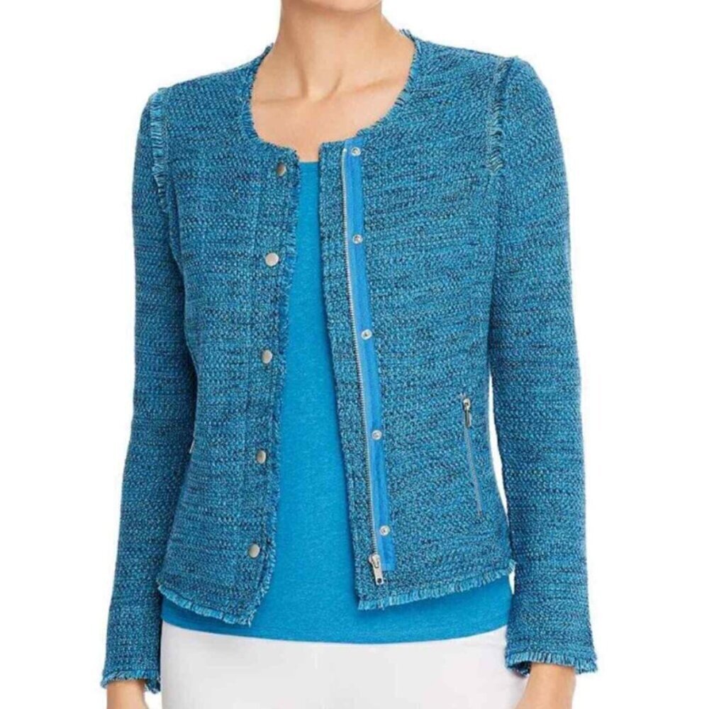 Nic + Zoe Blue Turquoise Tweed Fring Jacket Sz Sm​​​​​​​​​